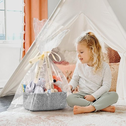 Goodpick Storage Baskets - Small Woven Rope Organizers for Toys & Nursery | 3 Pack, White & Gray, 11 x 7 x 4.5 in