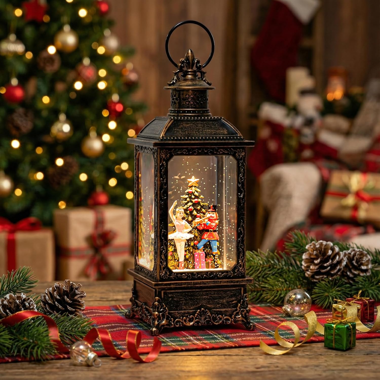 VISFLAIR Christmas Snow Globe Lantern - Musical Nutcracker & Ballerina Decoration | Battery or USB Powered