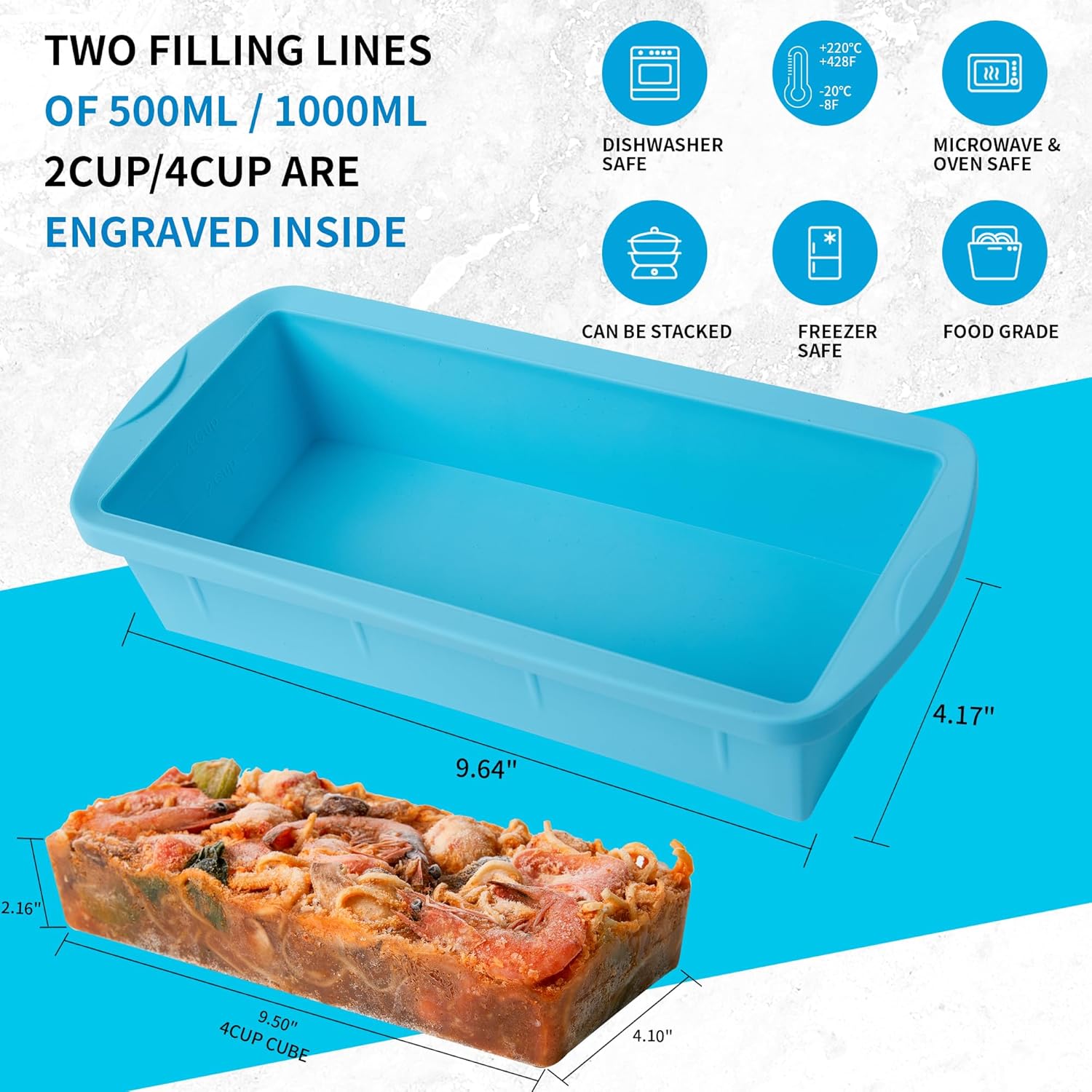 Skiennix Silicone Freezer Tray - 2 Pack Large Ice Cube Molds for Meal Prep | Oven & Dishwasher Safe