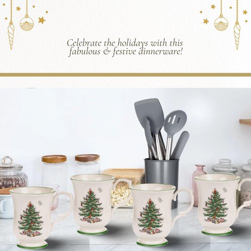 Spode Christmas Tree Footed Mug - 12 Oz Festive Mug for Coffee, Hot Cocoa, Lattes - Romantic Shape with Santa Design, Porcelain Mug - Dishwasher, Microwave, & Freezer Safe, Gift-Boxed (Set of 4)