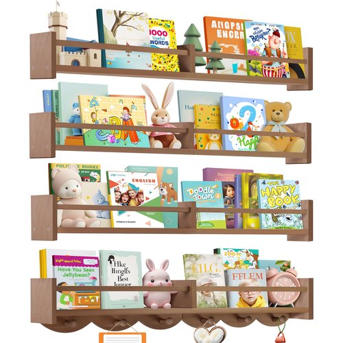 Dixryaus 34Inch Nursery Book Shelves Wall Mounted, Floating Book Shelf for Kids Coat Rack with 6 Hooks, Wall Hanging Shelf for Baby Nursery Room Organizer ，Patent Number:US-D1058229-S(4, Light Brown)