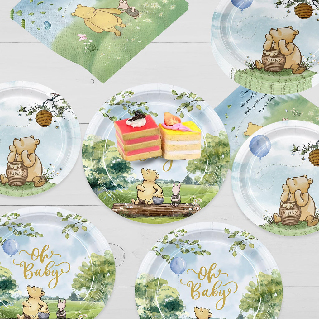 150pcs Bear Baby Shower Decorations Include Plates Napkins for Baby Shower Deco Paper Disposable Tableware Set for Kids Boys Serves 50 People