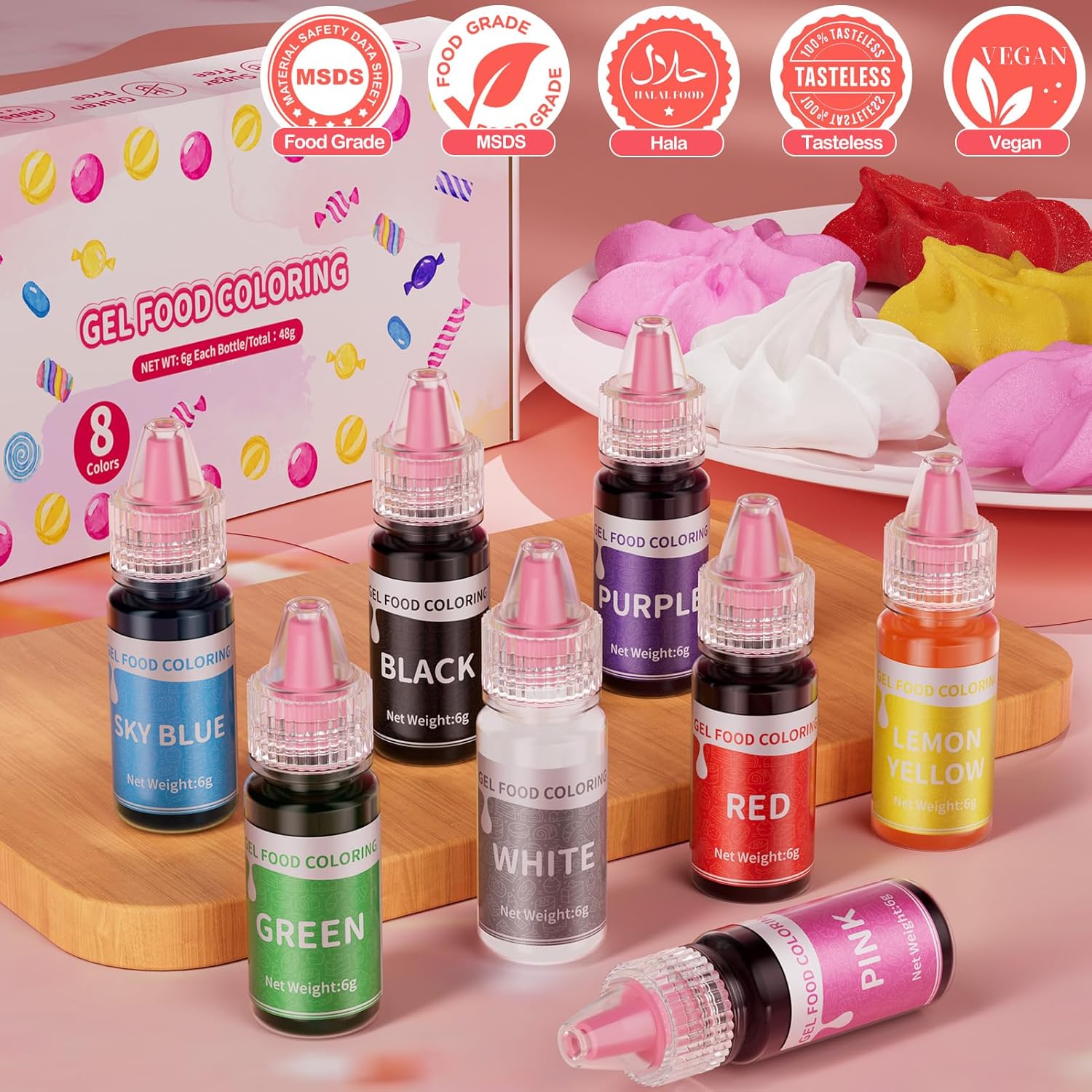 Skiennix Gel Food Coloring Set - 8 Vibrant Colors | Concentrated Edible Dye for Baking & Decorating - 6g/Bottle