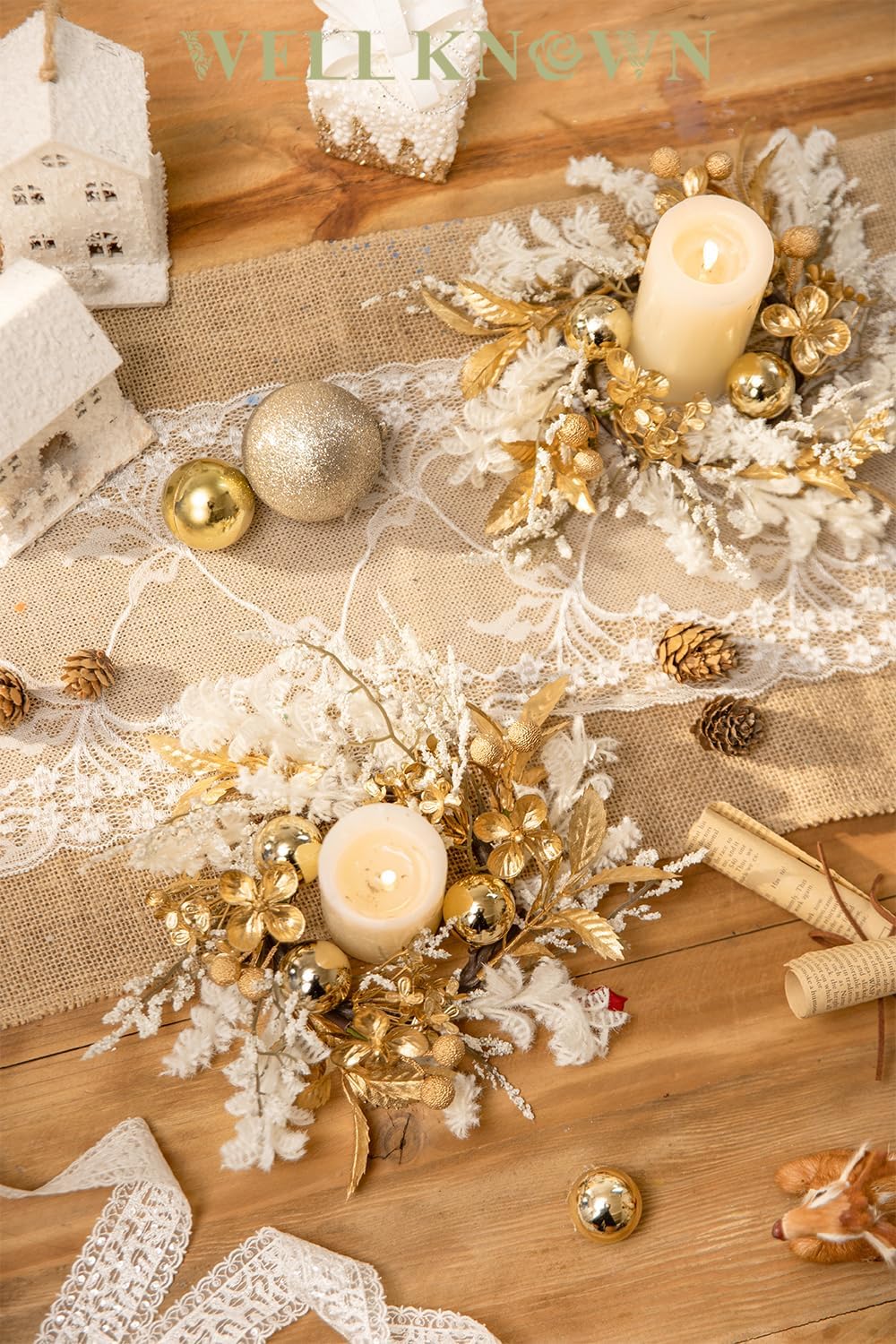 Well Known Mini Golden White Floral Candle Rings - 9" Decorative Wreaths for Home & Events