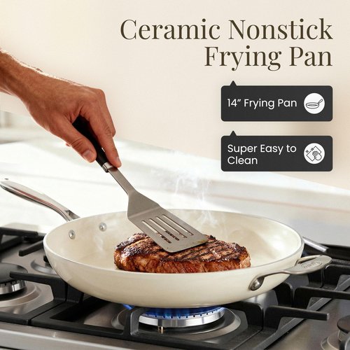 GOTHAM STEEL Cream 14 Inch Non Stick Frying Pans, Large Family Sized Nonstick Cooking Pan Skillet, Nonstick, 100% PFOA Free Ceramic Coating, Oven and Dishwasher Safe, Cream White