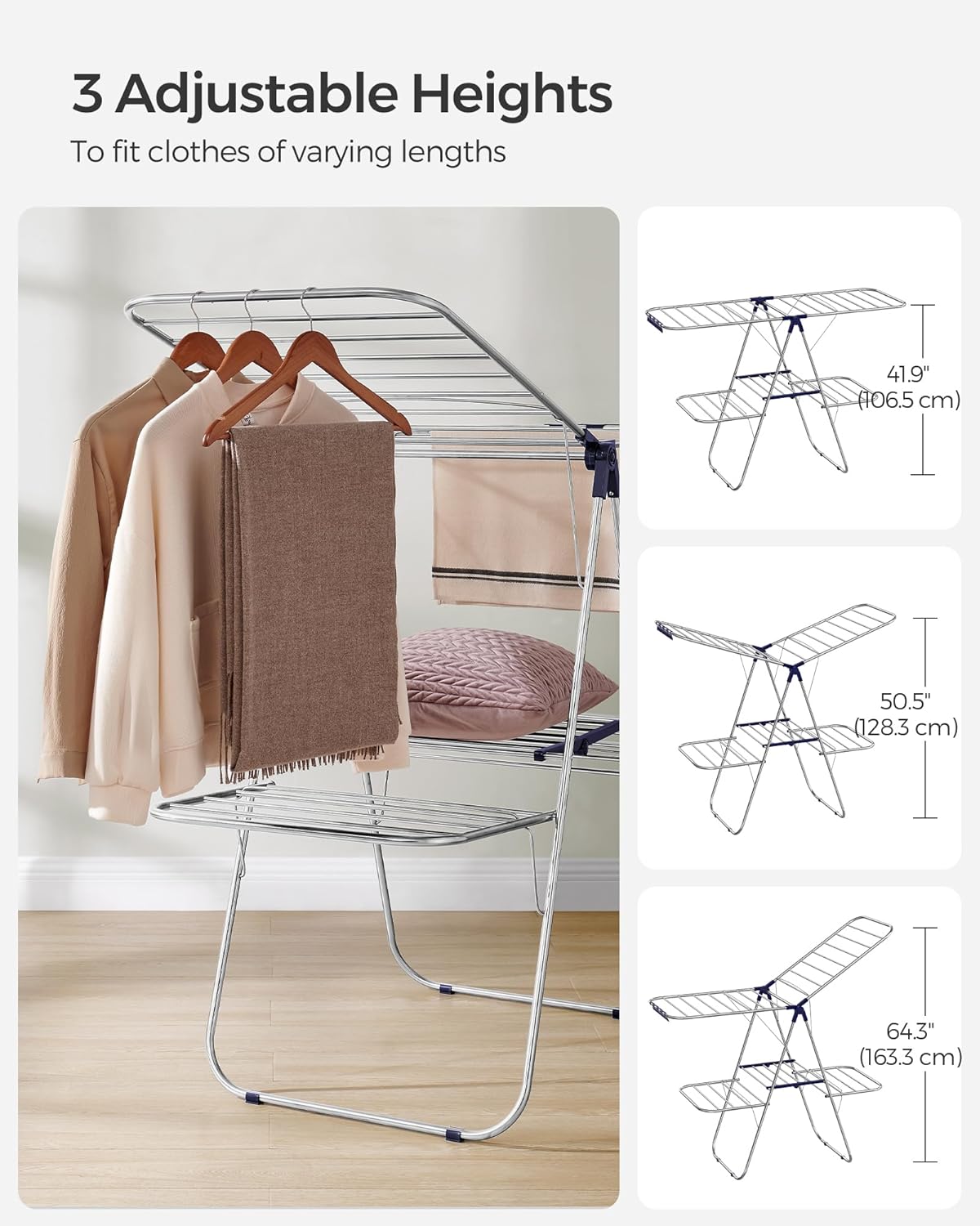 SONGMICS Foldable Clothes Drying Rack - 2-Level Laundry Airer with Adjustable Wings & 33 Rails | Silver and Blue