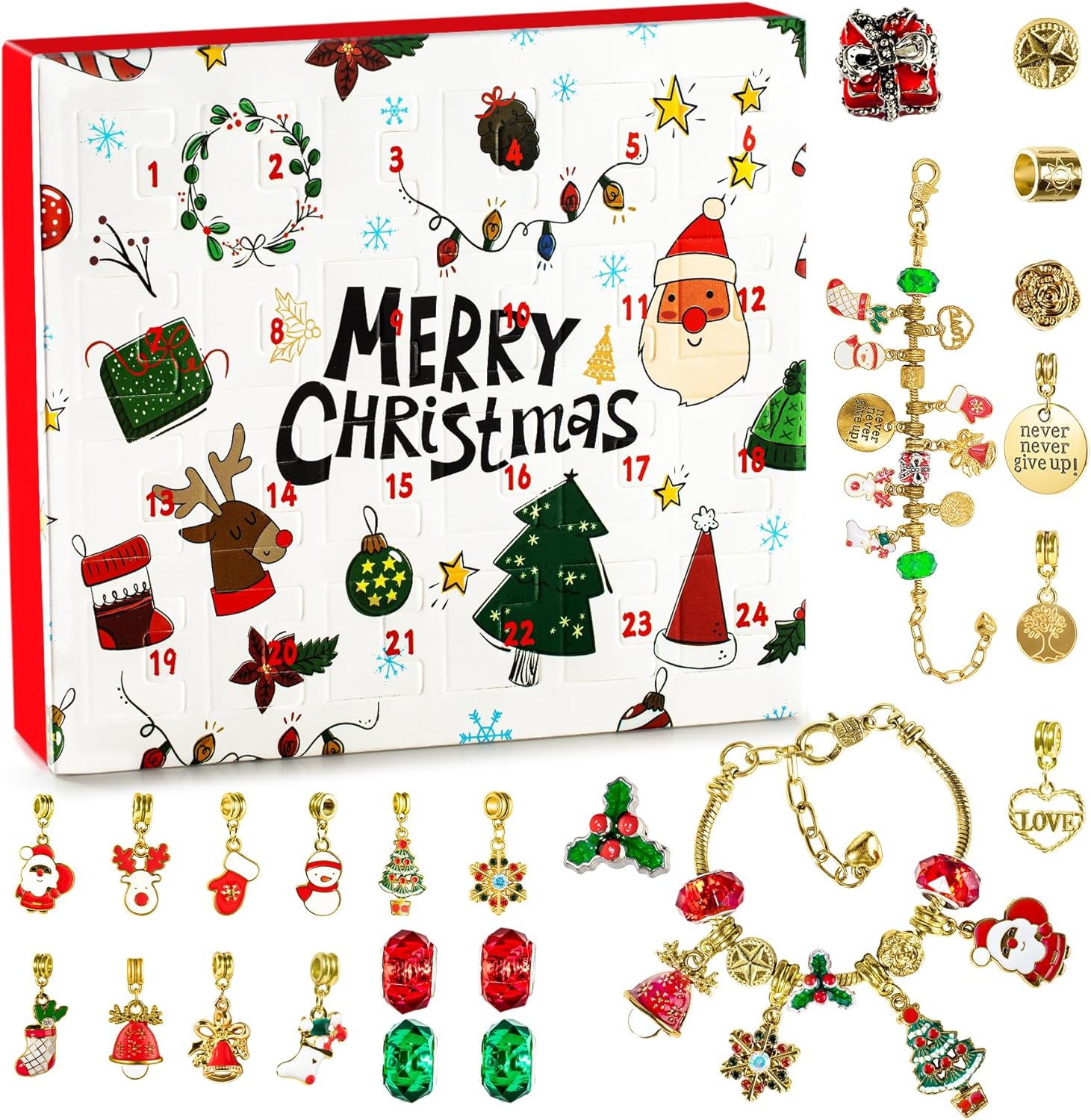 Skiennix Christmas Advent Calendar Bracelets 2025 - 24-Day DIY Jewelry Kit with 22 Charms & 2 Bracelets for Girls