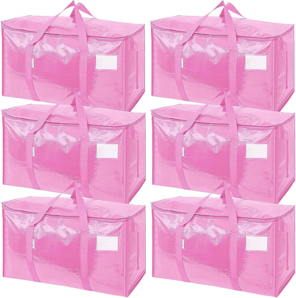 TICONN Extra Large Moving Bags - Heavy Duty Storage with Zippers & Handles | 6 Pack, Pink