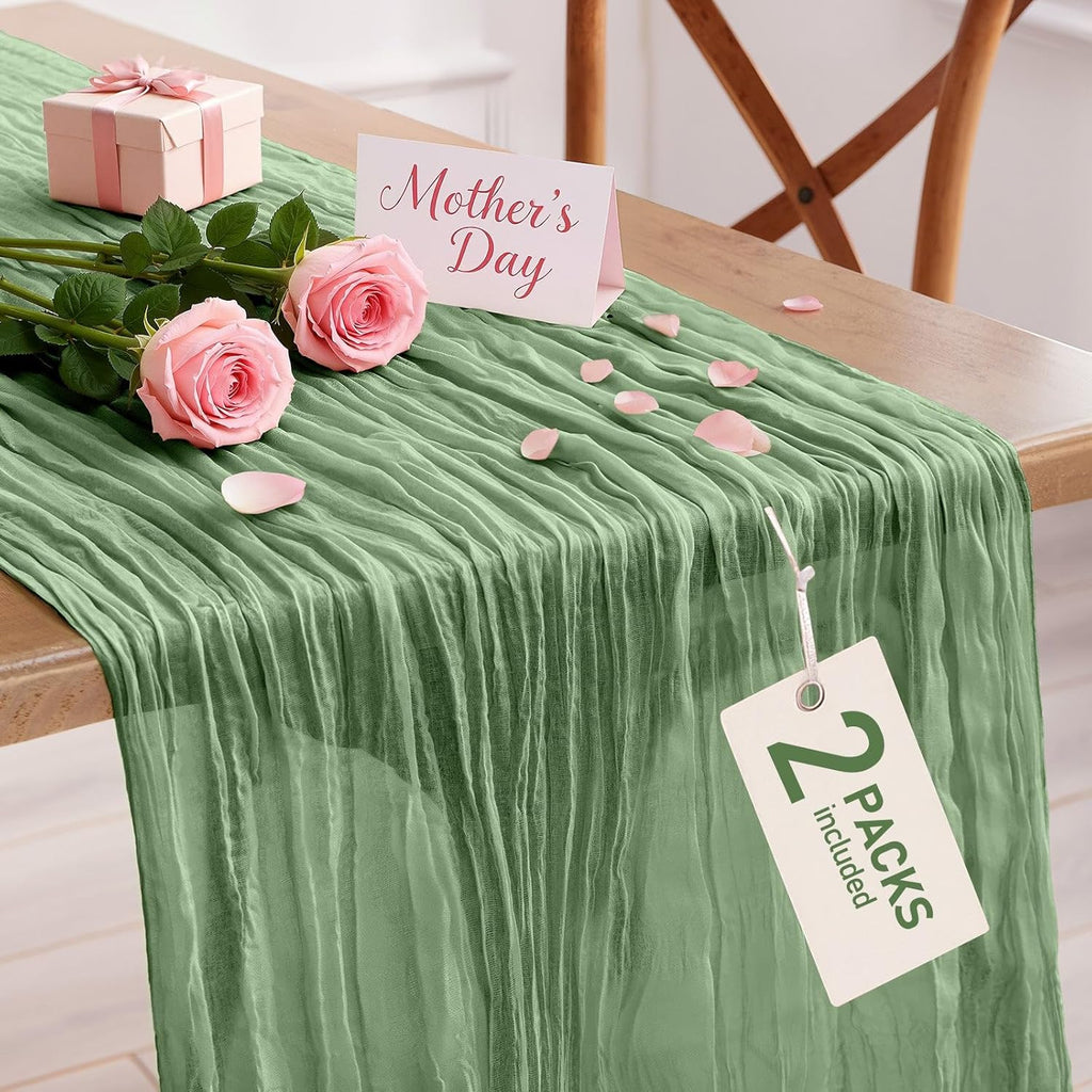 Pureegg Cheesecloth Table Runner - 120'' Sage Green Boho Decor for Easter, Weddings & Parties