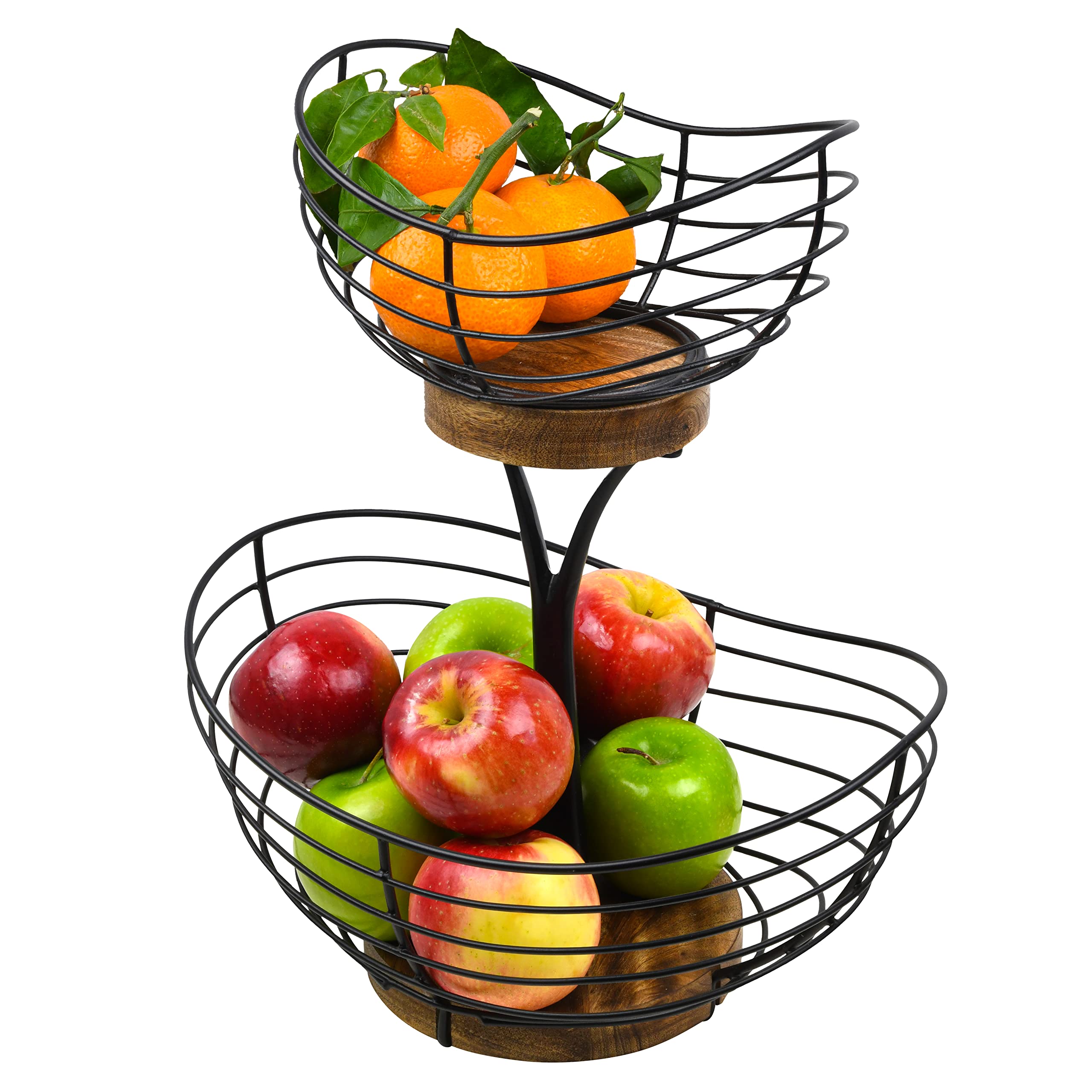Tribello Modern Farmhouse 2 Tier Fruit Basket for Kitchen Counter, Vintage Wire and Wooden Base Fruit Bowl / Stand for Kitchen countertop Decor - Double Tree Fruit & Vegetables Basket