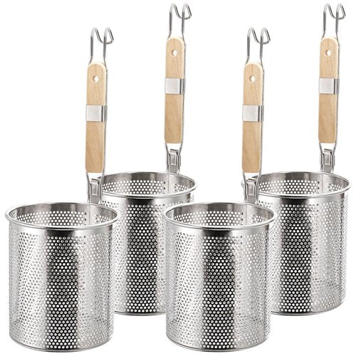 ZAVOOS 4 Pack Pasta Strainer, 5.5''D x 6''H Large Stainless Steel Mesh Spider Noodle Basket with Wood Handle, Fine Kitchen Food Skimmer Cooker for Spaghetti, Dumpling Boiling, Rinsing, Blanching