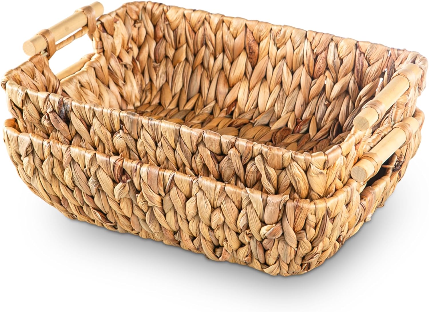 Mowtanco Woven Storage Baskets - Handwoven Water Hyacinth Baskets with Wooden Handles | Set of 2 Medium