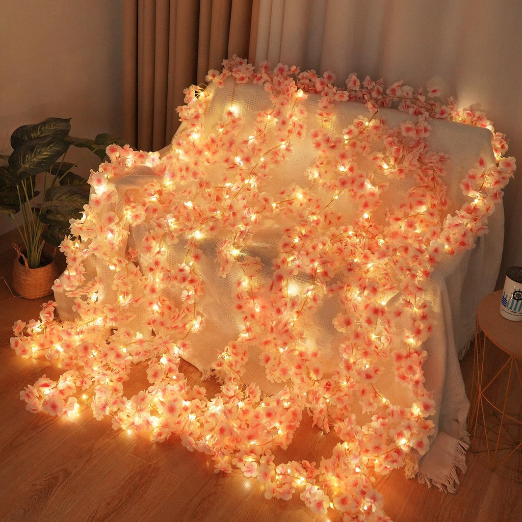Lfasww Artificial Cherry Blossom Lights，190 LED 5.5ft x 6.2ft Warm White Curtain String Lights with Remote and Timer, 8 Modes, USB Powered for Room Wall Party Xmas Decor