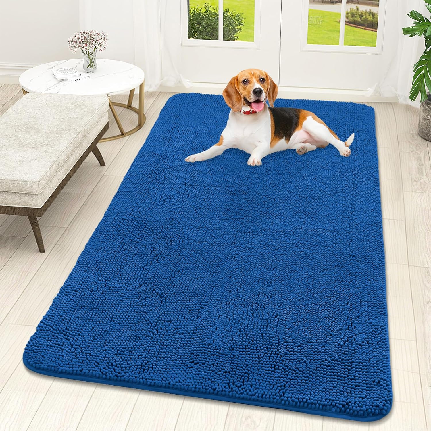 OLANLY Dog Door Mat - Absorbent Non-Slip Mud Mat for Indoor Use | Quick Dry Chenille, 59x32, Deep Navy Blue