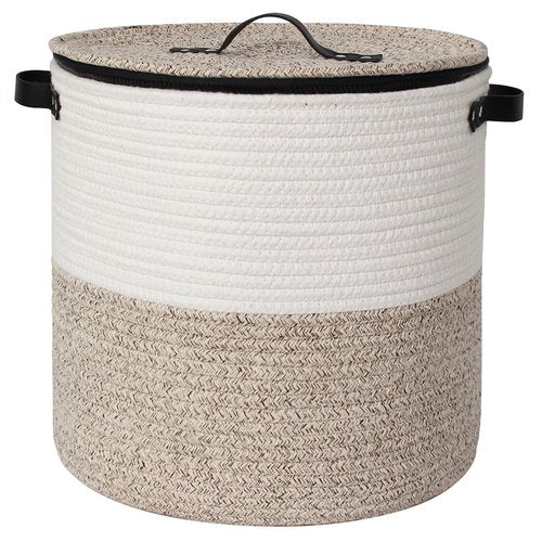 WILLITAT Storage Basket with Lid, 15"x13" Round Woven Blanket Storage for Living Room, Decorative Cotton Rope Hamper with Zipper Top, Wicker Basket with Lid, Floor Covered Kids Dog Toy Bin