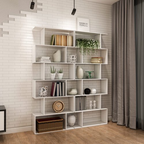 Yusong S Shaped Bookshelf, Modern Geometric Bookcase, 6-Tier White Display Case Book Shelf