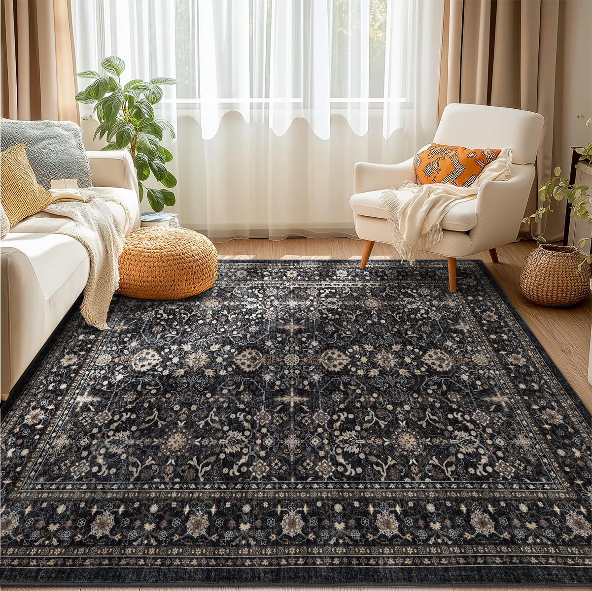 Ruaruarug Area Rug Non Slip Machine Washable Ultra Soft Living Room/Bedroom/Kitchen/Outdoor/Classroom Black Grey, 6'×9'