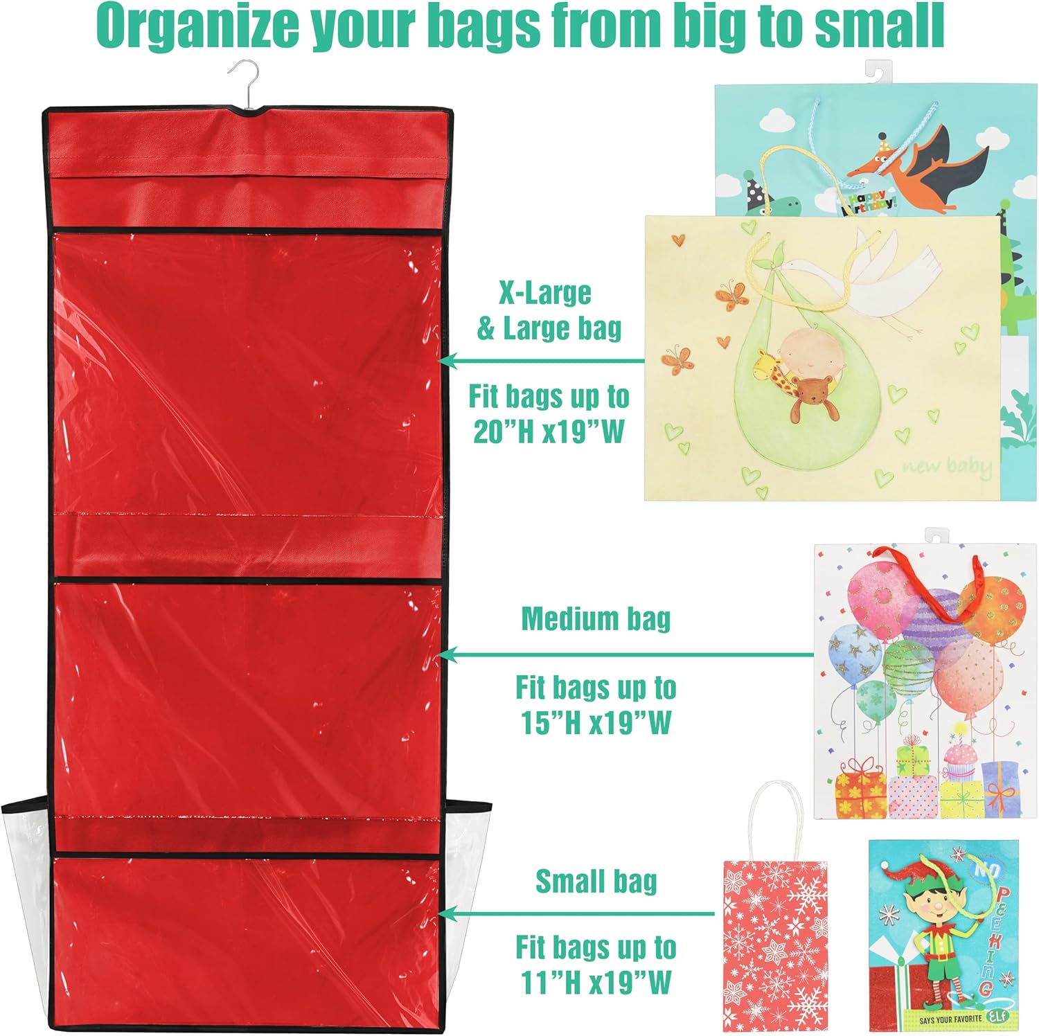 Simple Houseware Gift Wrap Organizer - Double-Sided Storage Pockets in Red | Set of 1