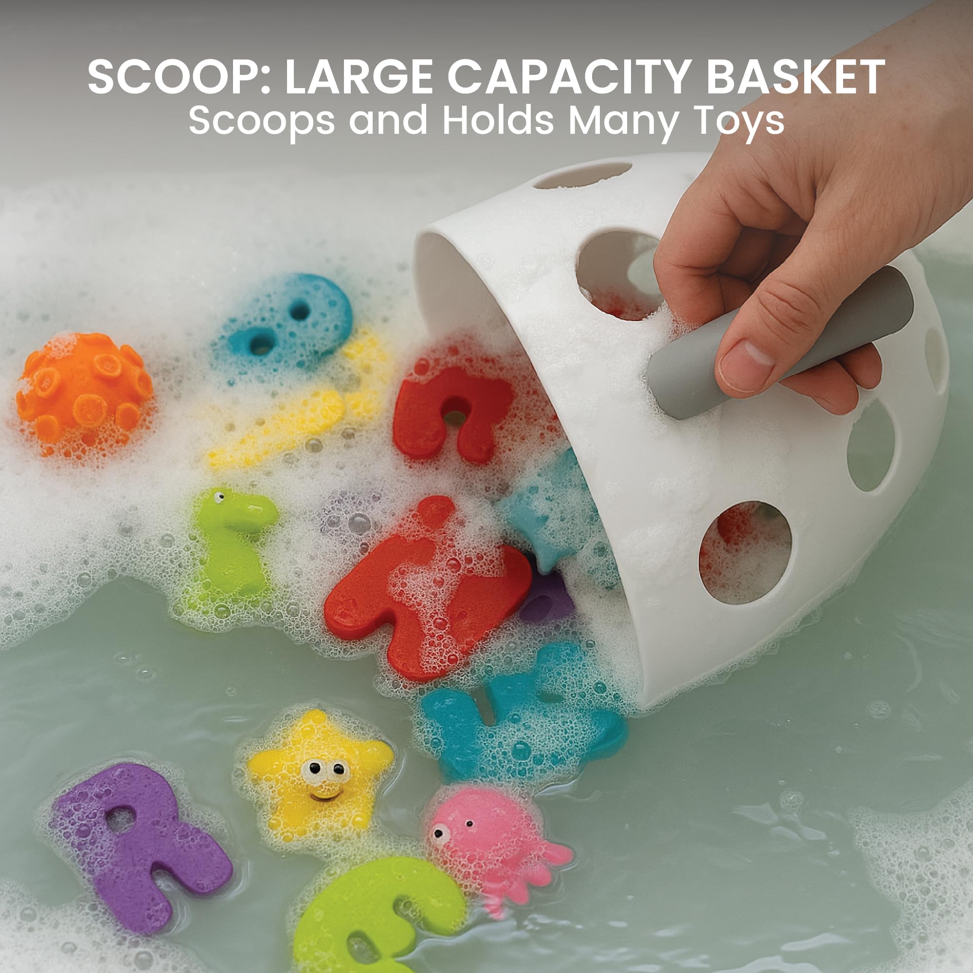 Lulyboo Baby Bath Toy Holder with No-Slip Suction Cups, BPA-Free Drainage Bin, Easy Clean Wall Organizer, White & Grey, Keeps Bathroom Clutter-Free & Safe for Kids