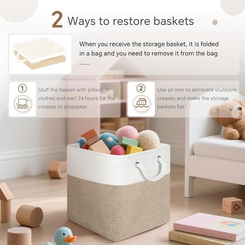 FinishingBo Fabric Storage Cubes - 6 Pack 11x11 Inch Bins with Handles for Home & Office Organization | White/Khaki