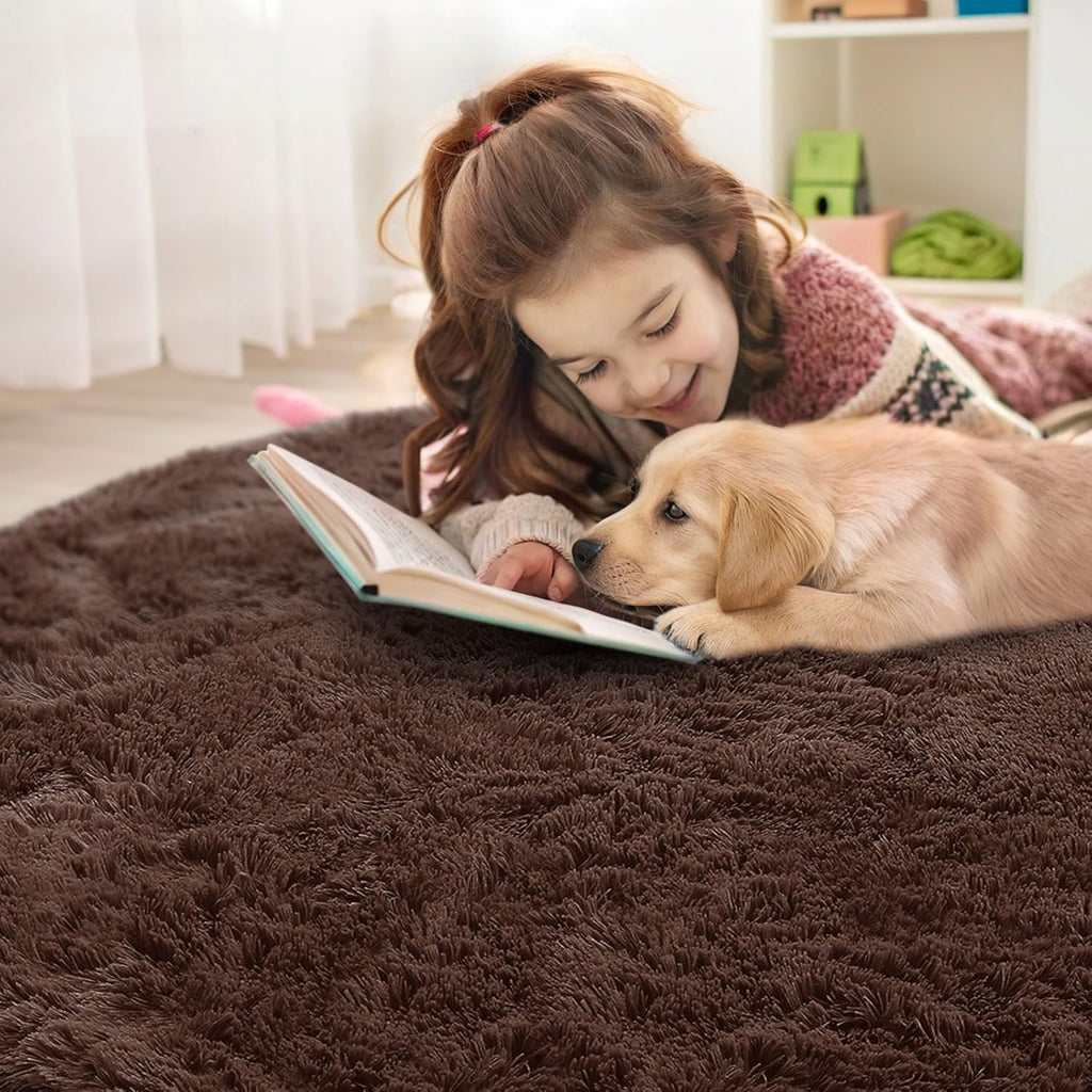 OLANLY Coffee Round Area Rug - Soft, Fluffy, Machine Washable 8 ft Circle Carpet for Bedroom & Living Room