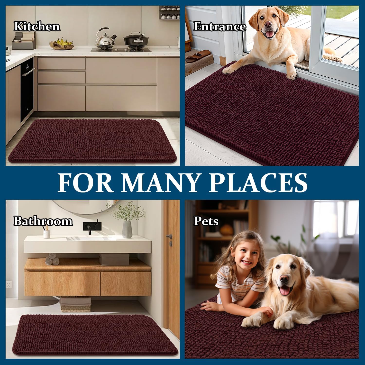 OLANLY Dog Door Mat - Absorbent Non-Slip Mud Mat for Indoor Use | Quick Dry Chenille, 70x46, Russet