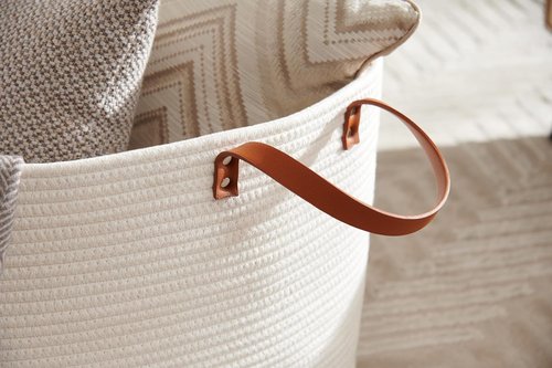 Luxury Nursery Storage Basket - 100% Cotton Rope, Extra Large 22 x 22 x 14 Inches | Off White with Leather Handles
