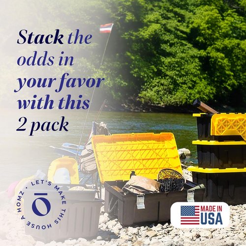HOMZ 34 Gallon Heavy Duty Plastic Storage Bins - 2-Pack Stackable Totes with Lids, Black/Yellow