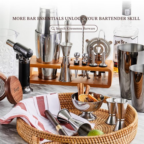 KITESSENSU Cocktail Shaker Set with Carry Case: Vacuum Insulated Martini Shaker with Built-in Strainer, 2 Martini Glasses, Measuring Jigger, Bar Mixing Spoon & Cocktail Recipes, Travel Bar Tool Set
