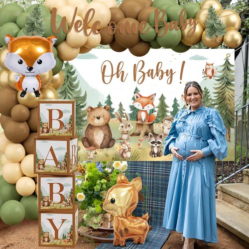 Woodland Baby Shower Decorations, Woodland Animals Themed Decor with Balloon Garland Arch | Baby Box | Tablecloth | Banner | Cake Topper for Neutral Forest Party