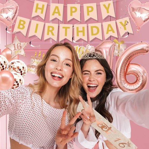 Sweet 16 Party Decorations, Sweet 16th Birthday Crown and Sash Pink Rose Gold Sixteen Cake Topper Banner Backdrop Balloons Hanging Swirls for Girls Happy 16 Years Old Party Supplies