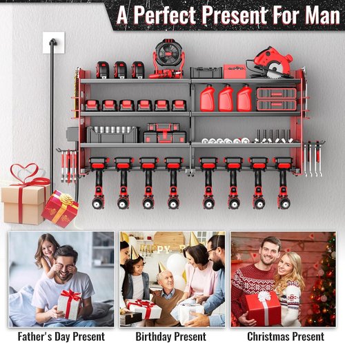 Large Power Tool Organizer by Heavy Duty | Wall Mount Charging Station with 8 Drill Holders - Red
