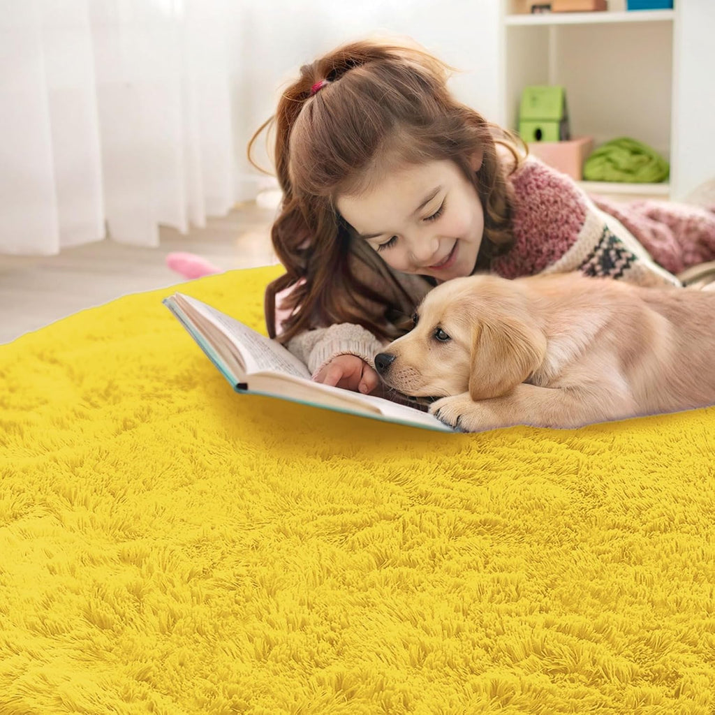 OLANLY Yellow Round Rug - Soft & Fluffy 3 ft Circle Area Rug for Bedroom, Living Room & Nursery Decor