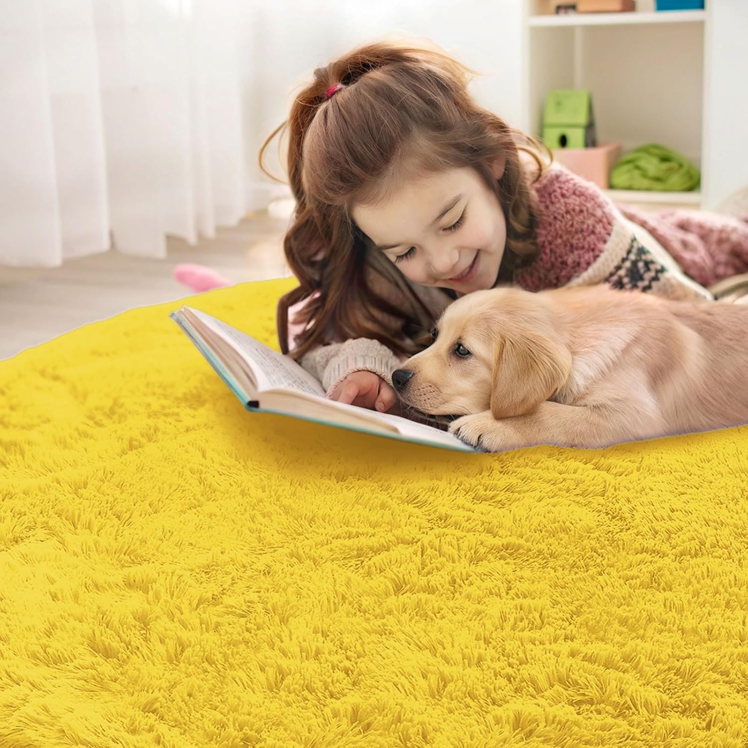 OLANLY Yellow Round Area Rug - Soft, Fluffy, Machine Washable 6 ft Circle Carpet for Bedroom & Living Room