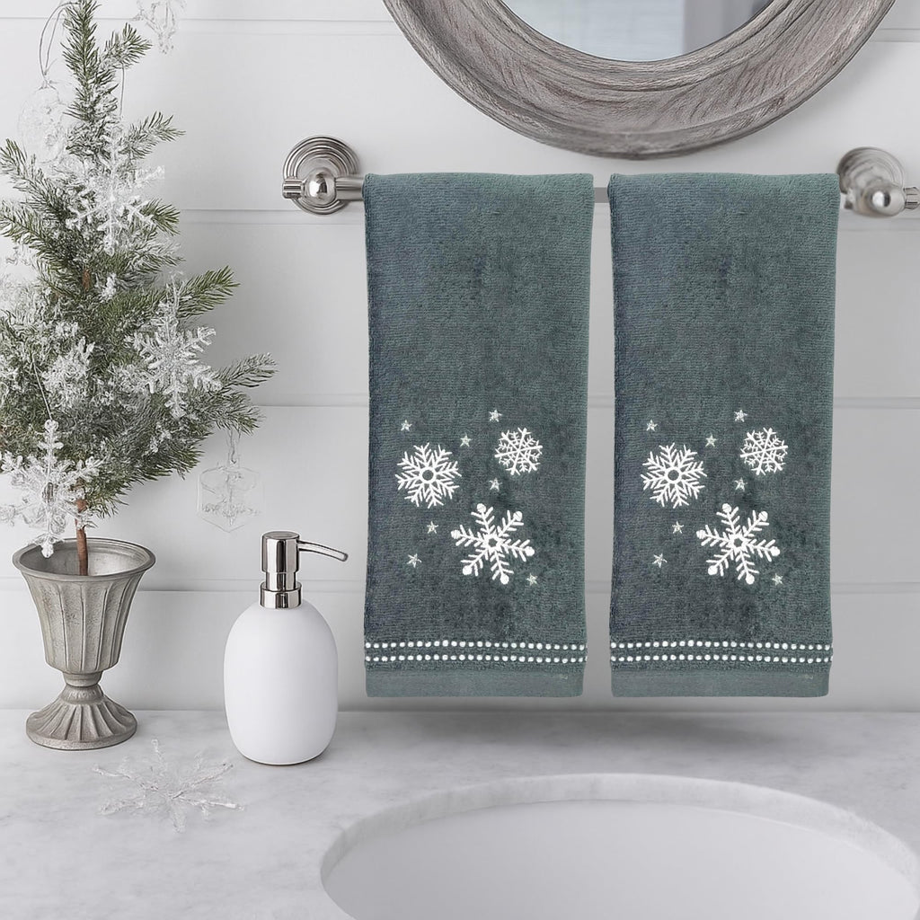 Serafina Home Christmas Hand Bathroom Towels, Set of 2, Embroidered Snowflakes and Stars, Dark Grey Velour Terry Cotton 16" x 25", Winter Holiday Decor for Kitchen or Bath