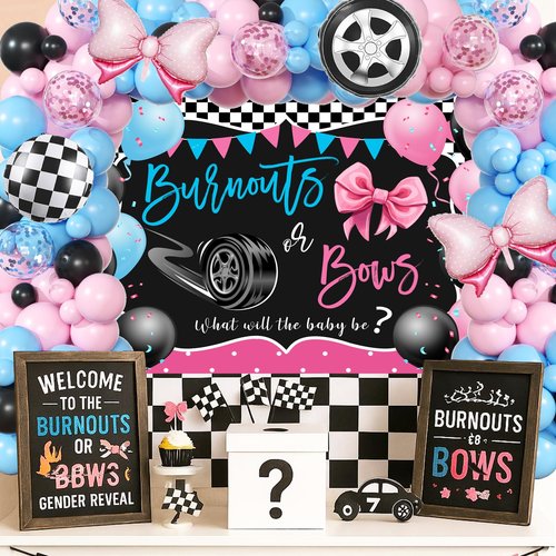 Burnouts or Bows Gender Reveal Decorations - 143pcs Pink Blue Balloon Garland Kit, 4pcs Baby Box With Letters, What Will the Baby Be Backdrop, Boy or Girl Gender Reveal Party Supplies