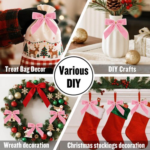 24 Pack Pink Velvet Twist Tie Bows for Christmas Tree, Pre-Tied Small Christmas Bows for Wreath, Tree, Gift Wrapping, Treat Bags, DIY Craft, Party Favors, Home Decoration (3.5x3.5Inch, 1" W)