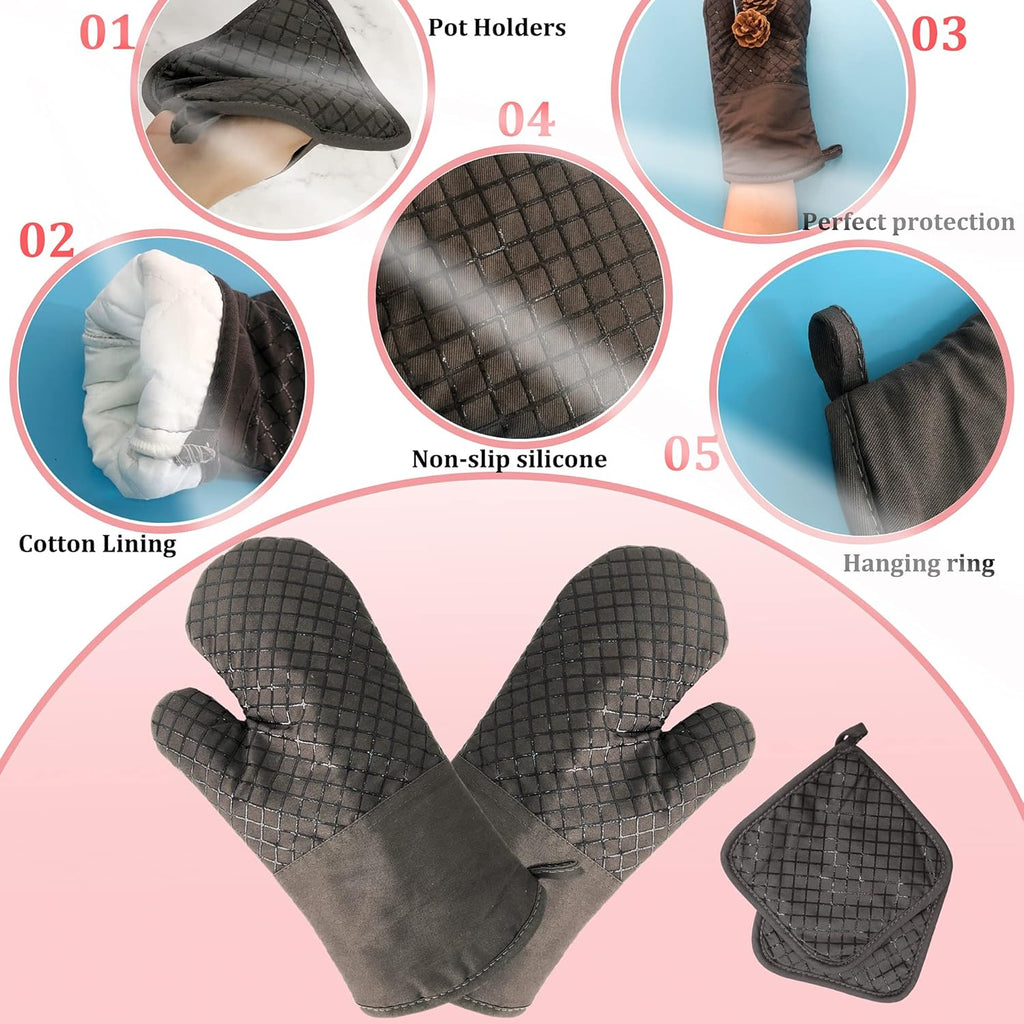Skiennix Oven Mitts Set - 4 Pcs High Heat Resistant Kitchen Mitts & Pot Holders | Grey