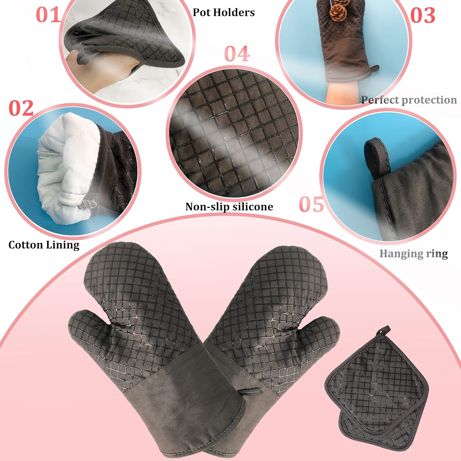 Skiennix Oven Mitts Set - 4 Pcs High Heat Resistant Kitchen Mitts & Pot Holders | Grey