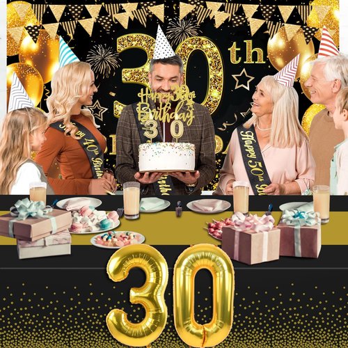 30th Birthday Decorations - Black and Gold Banner, Table Cloth, Balloons, Sash & Cake Topper