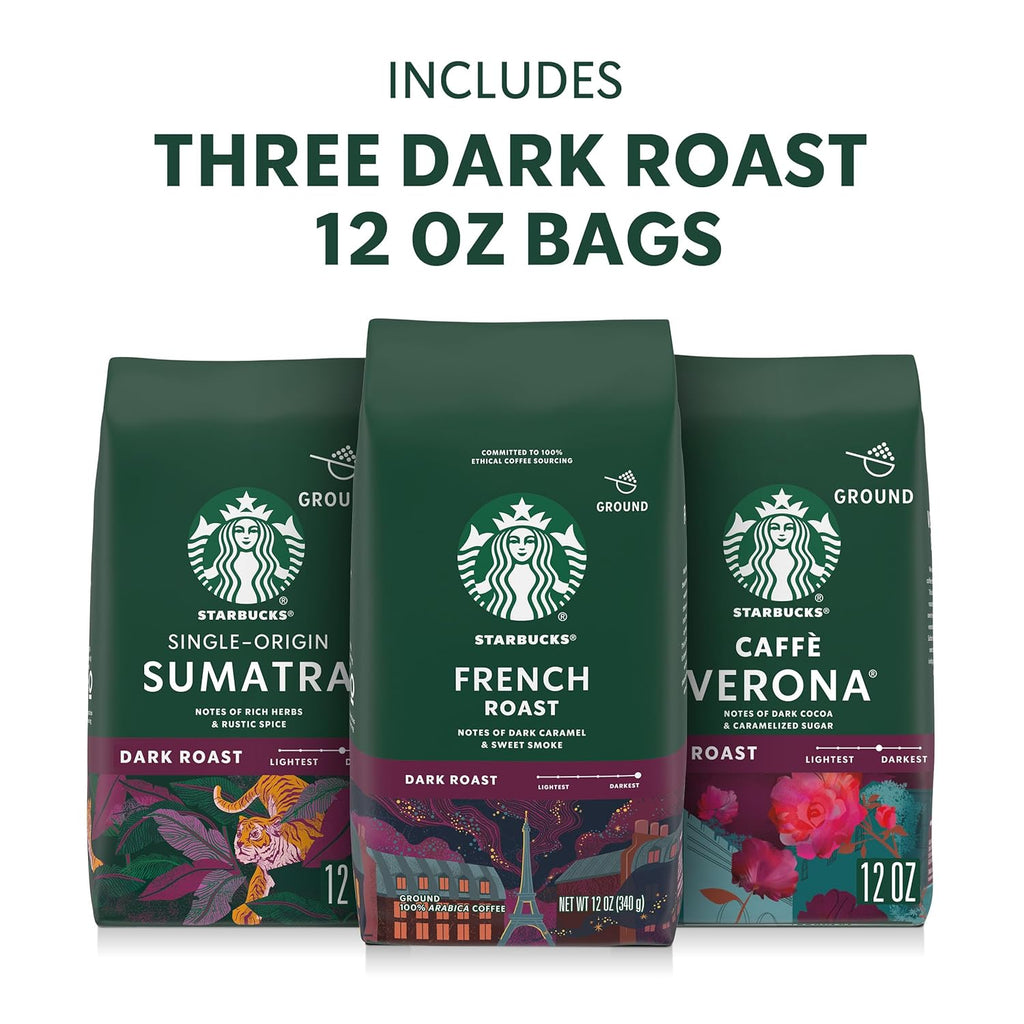 Starbucks Ground Coffee - Dark Roast Variety Pack | Three 12 oz Bags for Hot or Iced Coffee