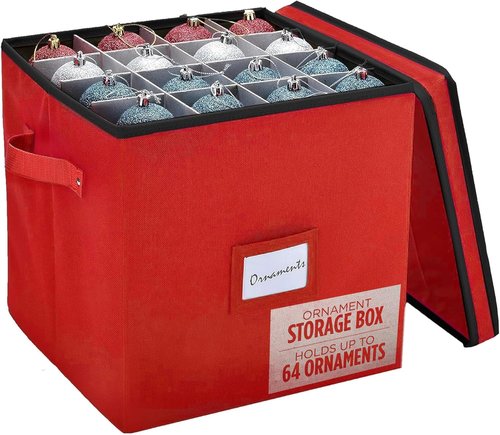 Handy Laundry Christmas Ornament Storage - Holds 64 Ornaments, Adjustable Dividers, Covered Top | Red