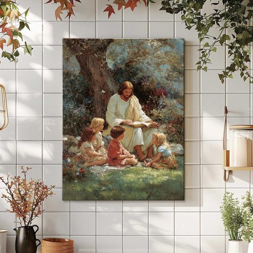 Christian Gifts for Women-Men,Religious Canvas Home Decor for Prayer Room Home Decorations Jesus with the Children Picture Jesus and Children Poster Wall Decor for Living Room Ready To Hang 16x24