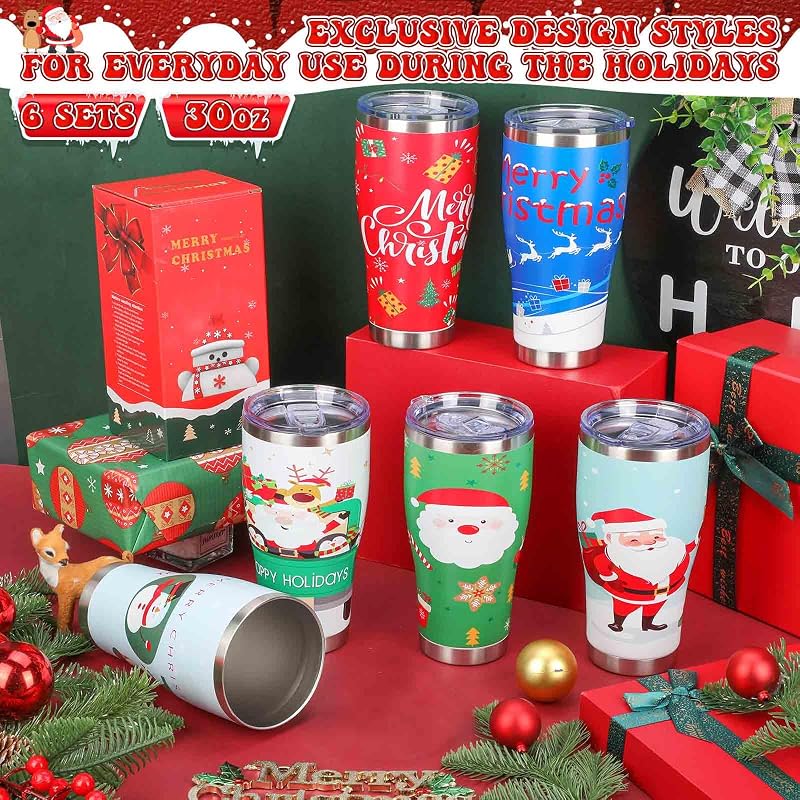 6 Pcs 30oz Christmas Tumblers Gift Set with Lids, Straws & Brushes - Cute Holiday Patterns - Variation of THIS listing