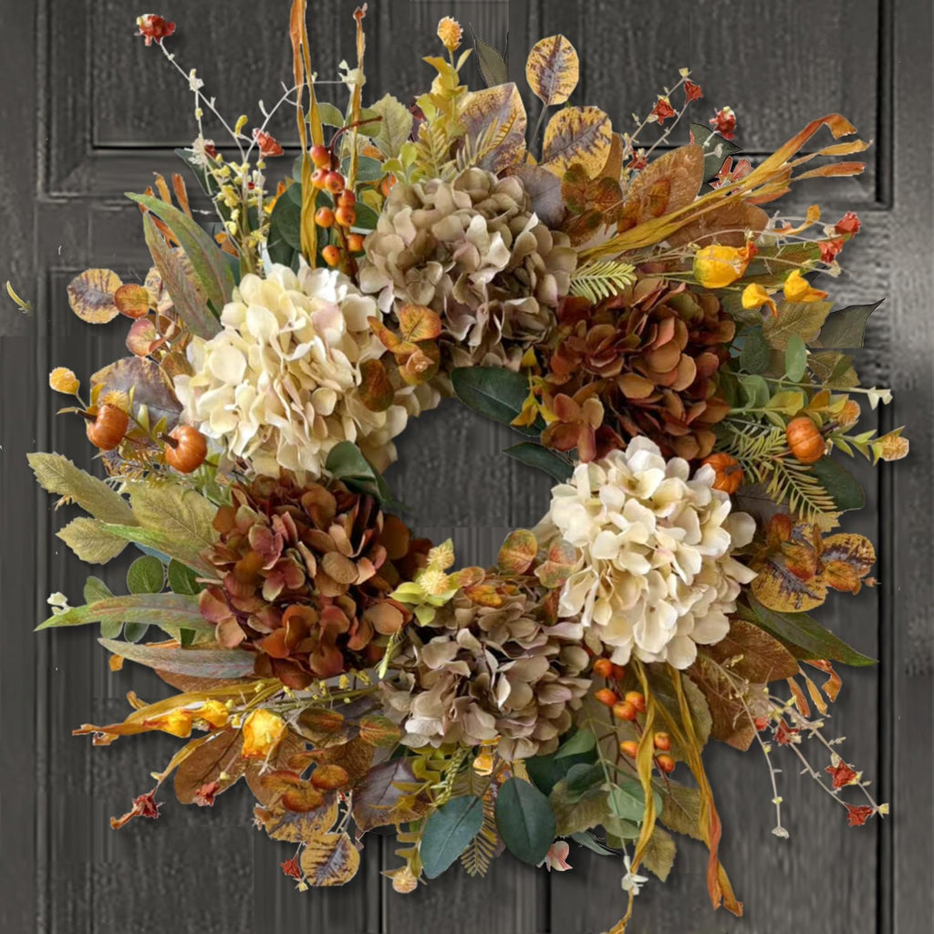 WANNA-CUL 24 Inch Fall Wreath - Hydrangea & Pumpkins | Perfect Autumn Decor for Front Door