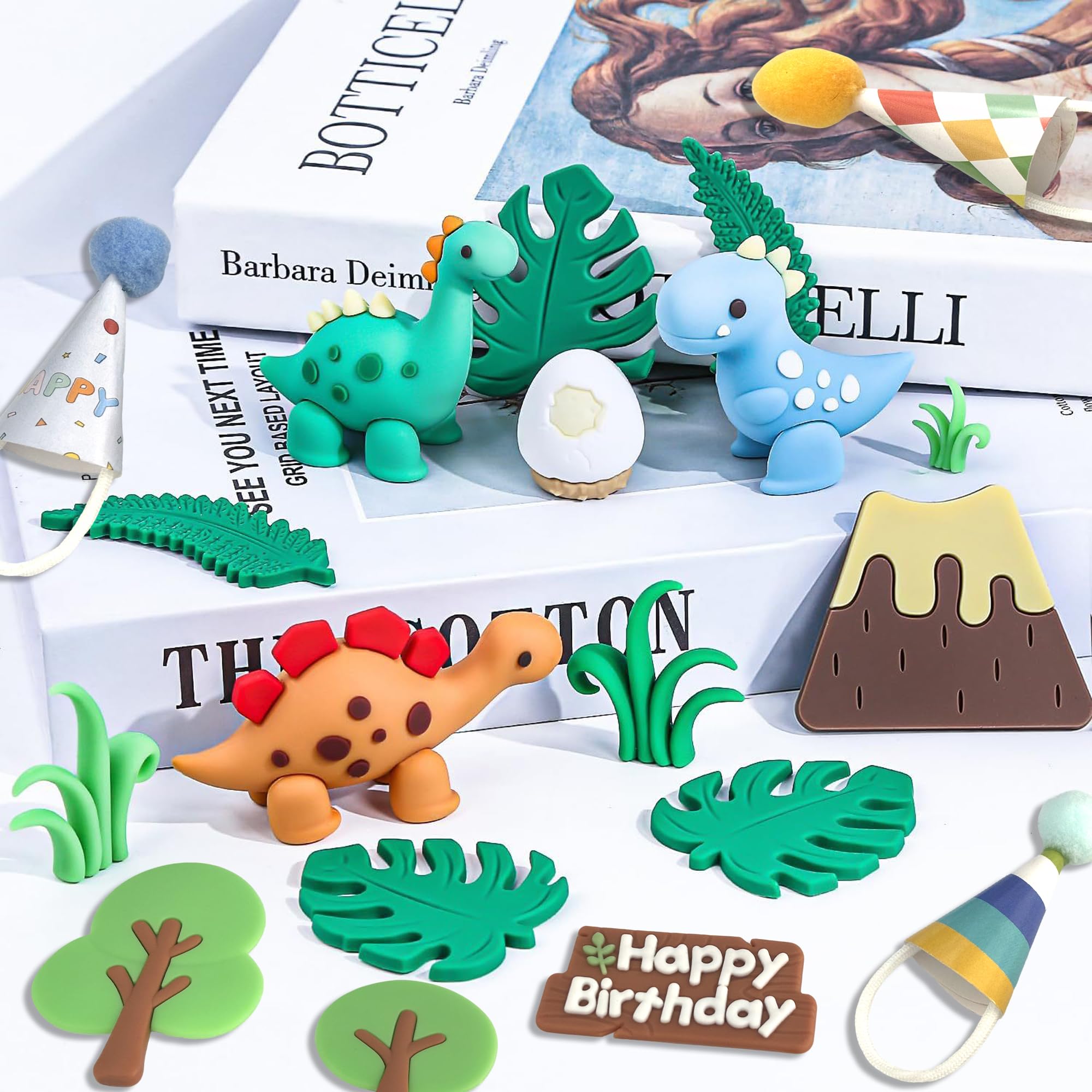 Simpfo-27 PCS Dinosaur Cake Topper, Birthday Decorations Set with Dinosaur Eggs, Jungle Leaves - Reusable Dinosaur Cake Decorations for Kids, Dino Theme Party Supplies for Boys Girls Toddler（Simpfo）
