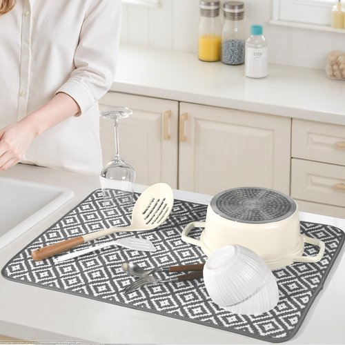 Subekyu 2 Pack Dish Drying Mat, 24*18 inch Ultra Absorbent Microfiber Dishes Drainer Mats for Kitchen Counter, Large Size Dish Drying Pad with Rhombus patterns