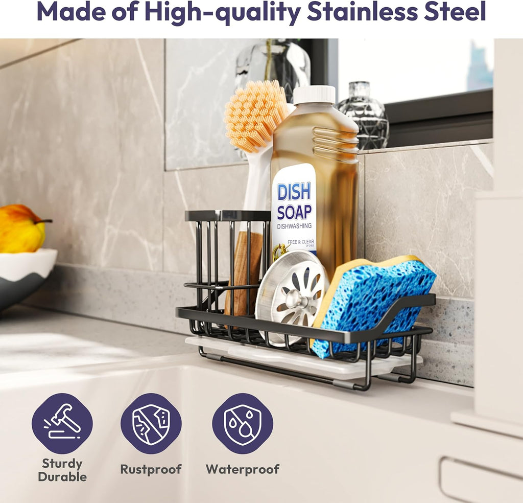 SWTYMIKI Sink Caddy Sponge Holder - Stainless Steel Kitchen Organizer for Soaps & Sponges | Black
