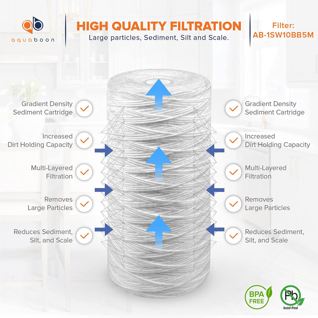 Aquaboon 5 Micron Water Filter 10 x 4.5 inch - String Wound Water Filter for Whole House System - Compatible with 84637, WPX5BB97P, PC10, 355214-45, 355215-45, WP10BB97P, WP5BB97P (6 Pack)