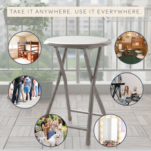 Folding Stool - Backless 18-Inch Stool with 225lb Capacity for Kitchen or Rec Room - Portable Indoor Counter Bar Stools by Lavish Home (White)